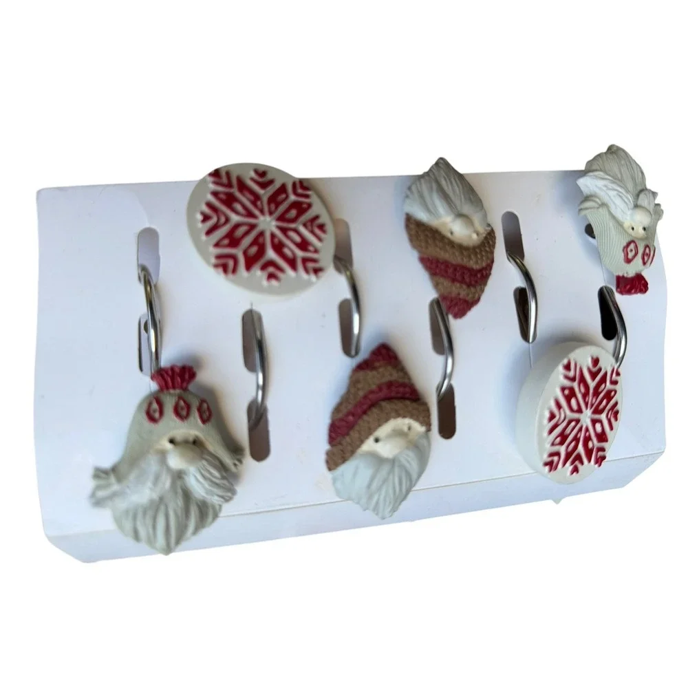 Christmas Shower Curtain Hooks Set of 12 Santa Gnome Snowflake Rustic Holiday